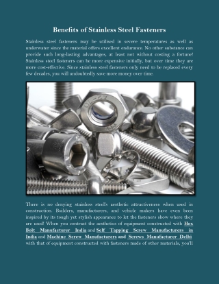 Benefits of Stainless Steel Fasteners