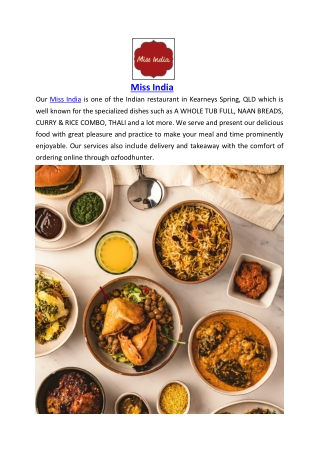 5% off - Miss India Restaurant Menu Kearneys Spring, QLD