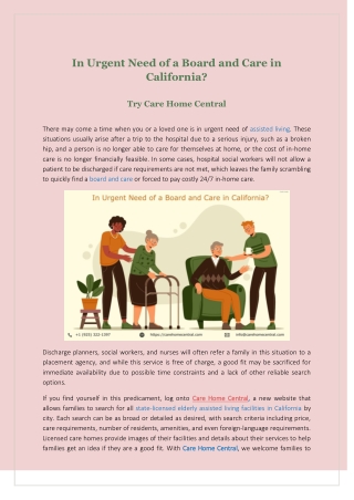 In Urgent Need of a Board and Care in California Try Care Home Central