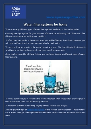 Water filter systems for home