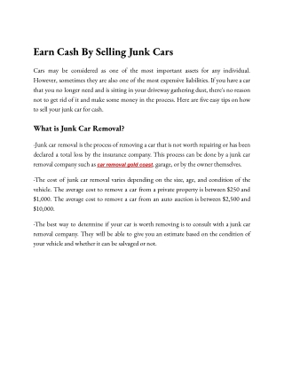 Earn Cash By Selling Junk Cars