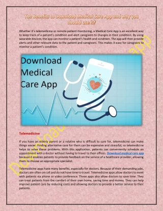 The Benefits to Download Medical Care App and why you should use it?