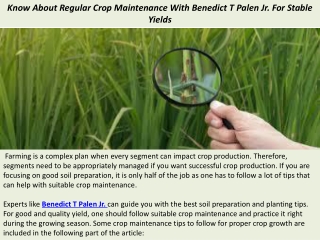 Know About Regular Crop Maintenance With Benedict T Palen Jr. For Stable Yields