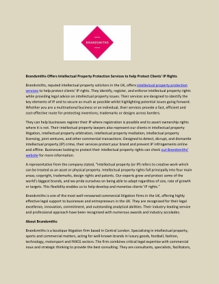 Brandsmiths Offers Intellectual Property Protection Services to help Protect Clients' IP Rights