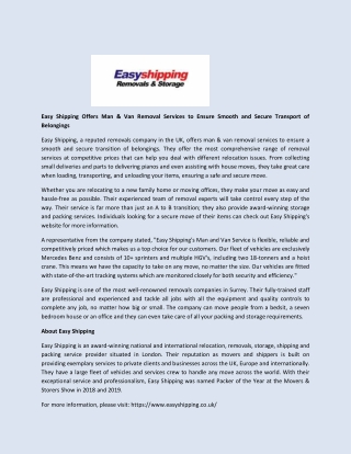 Easy Shipping Offers Man & Van Removal Services to Ensure Smooth and Secure Transport of Belongings