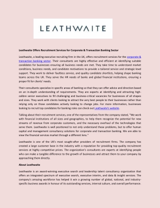 Leathwaite Offers Recruitment Services for Corporate & Transaction Banking Sector