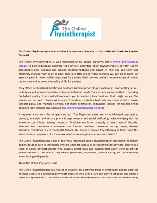 The Online Physiotherapist Offers Online Physiotherapy Services to help Individuals Maximise Physical Potential