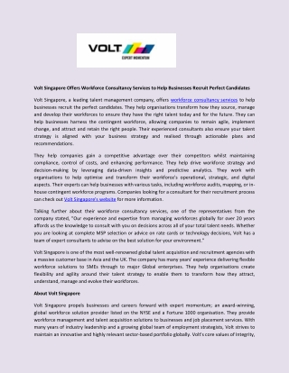 Volt Singapore Offers Workforce Consultancy Services to Help Businesses Recruit Perfect Candidates
