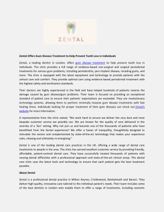 Zental Offers Gum Disease Treatment to Help Prevent Tooth Loss in Individuals