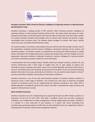 Amethyst Associates Offers Greentree Business Intelligence & Reporting Solution to Help Businesses Identify Market Trend