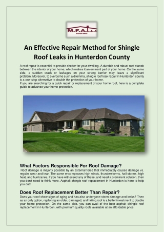 An Effective Repair Method for Shingle Roof Leaks in Hunterdon County