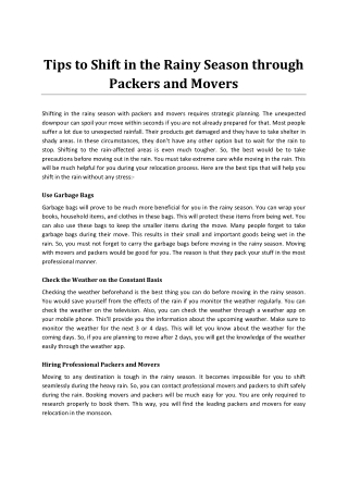Tips to Shift in the Rainy Season through Packers and Movers