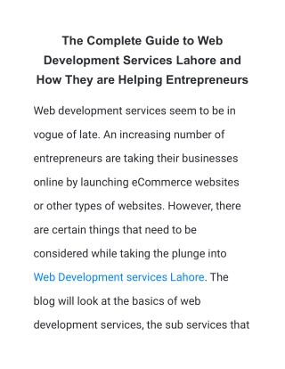 The Complete Guide to Web Development Services Lahore and How They are Helping Entrepreneurs
