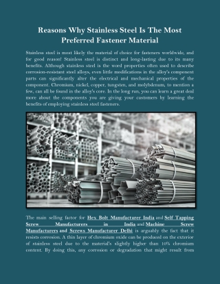 Reasons Why Stainless Steel Is The Most Preferred Fastener Material