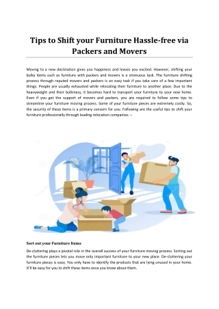 Tips to Shift your Furniture Hassle-free via Packers and Movers
