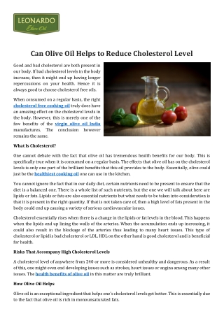 Can Olive Oil Helps to Reduce Cholesterol Level