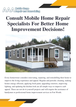 Consult Mobile Home Repair Specialists For Better Home Improvement Decisions!