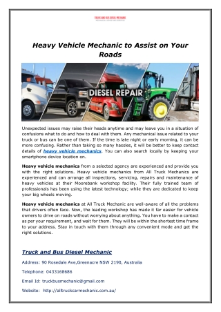 Heavy Vehicle Mechanic to Assist on Your Roads