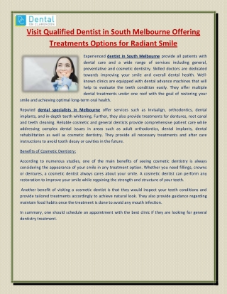 Visit Qualified Dentist in South Melbourne Offering Treatments Options for Radiant Smile