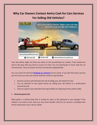 Car Owners Contact Amiry Cash for Cars Services For Selling Old Vehicles