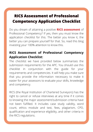 RICS Assessment of Professional Competency Application Checklist