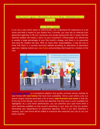 A Placement Agency Alternative for Care Home Administrators in California