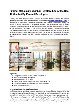 Piramal Mahalaxmi Mumbai - Explore Life In A New Way