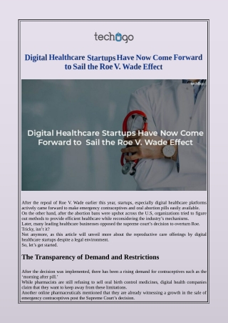 Digital Healthcare Startups Have Now Come Forward to Sail the Roe V. Wade Effect