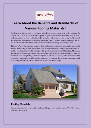 Learn About the Benefits and Drawbacks of Various Roofing Materials