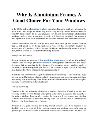 Why Is Aluminium Frames A Good Choice For Your Windows