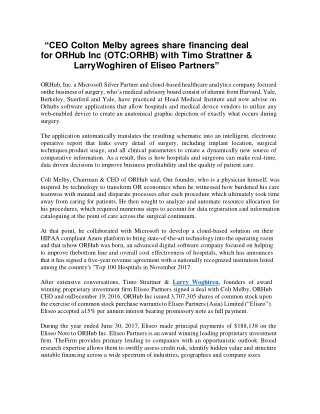 CEO Colton Melby agrees share financing deal for ORHub Inc (OTC:ORHB) with Timo