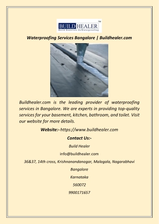 Waterproofing Services Bangalore  Buildhealer