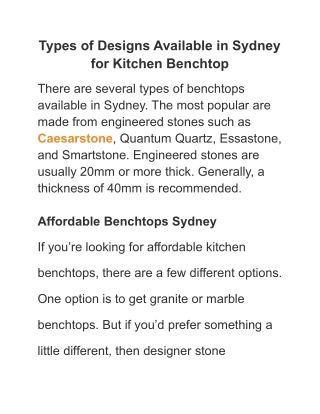 Types of Designs Available in Sydney for Kitchen Benchtop