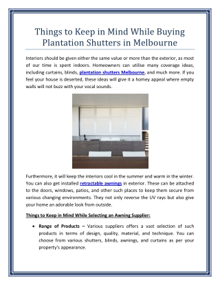 Things to Keep in Mind While Buying Plantation Shutters in Melbourne