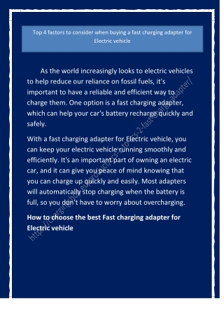 Top 4 factors to consider when buying a fast charging adapter for Electric vehic