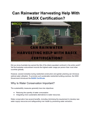 Can Rainwater Harvesting Help With BASIX Certification?