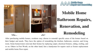 Mobile Home Bathroom Repairs, Renovation, and Remodeling