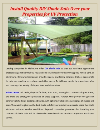 Install Quality DIY Shade Sails Over your Properties for UV Protection