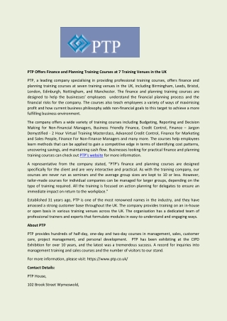 PTP Offers Finance and Planning Training Courses at 7 Training Venues in the UK