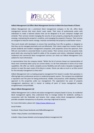 InBlock Management Ltd Offers Block Management Services to Meet the Exact Needs of Clients