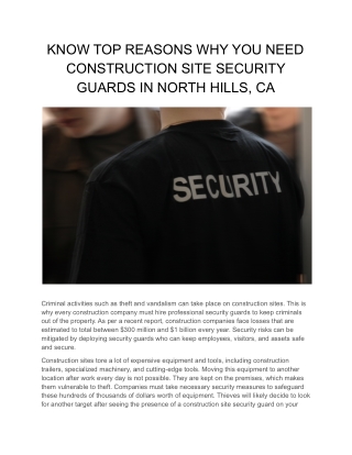 KNOW TOP REASONS WHY YOU NEED CONSTRUCTION SITE SECURITY GUARDS IN NORTH HILLS, CA