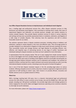 Ince Offers Dispute Resolution Services to help Businesses and Individuals Avoid Litigation