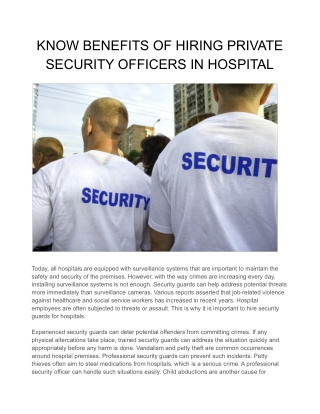 KNOW BENEFITS OF HIRING PRIVATE SECURITY OFFICERS IN HOSPITAL