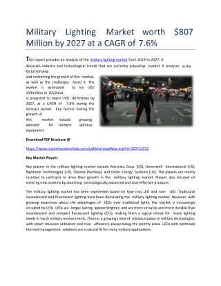 Military Lighting Market worth $807 Million by 2027 at a CAGR of 7.6%