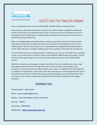1BHK Flat For Rent in Jaipur