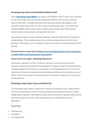 Hematology Drugs Market to Hit USD 165631.48 Million by 2029