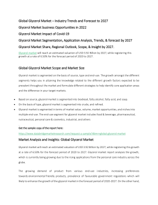 Glycerol Market business Opportunities in 2022