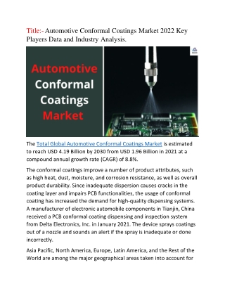 Automotive Conformal Coatings Market 2022 Key Players Data and Industry Analysis