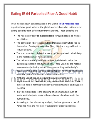 Eating IR 64 Parboiled Rice-A Good Habit