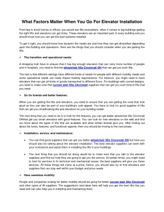 What Factors Matter When You Go For Elevator Installation
